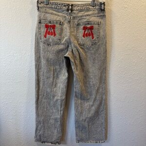 Ashley Mason Coquette Jeans Cherry Embroidered Wide Denim Women 7 /28 Gray